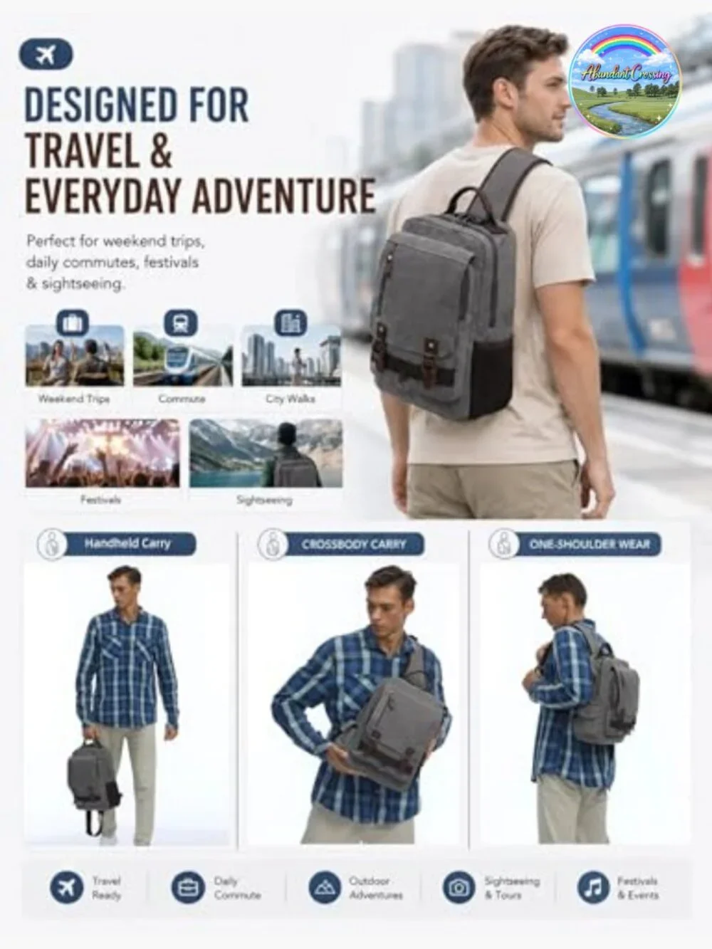 Canvas Messenger Bag with USB Charging Port, Anti-Theft
